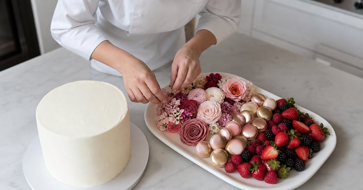 Overhead view of a baker in a bright kitchen arranging optional decorations on a tray, sugar flowers, gold-brushed macarons, and fresh berries, with a plain frosted cake beside them