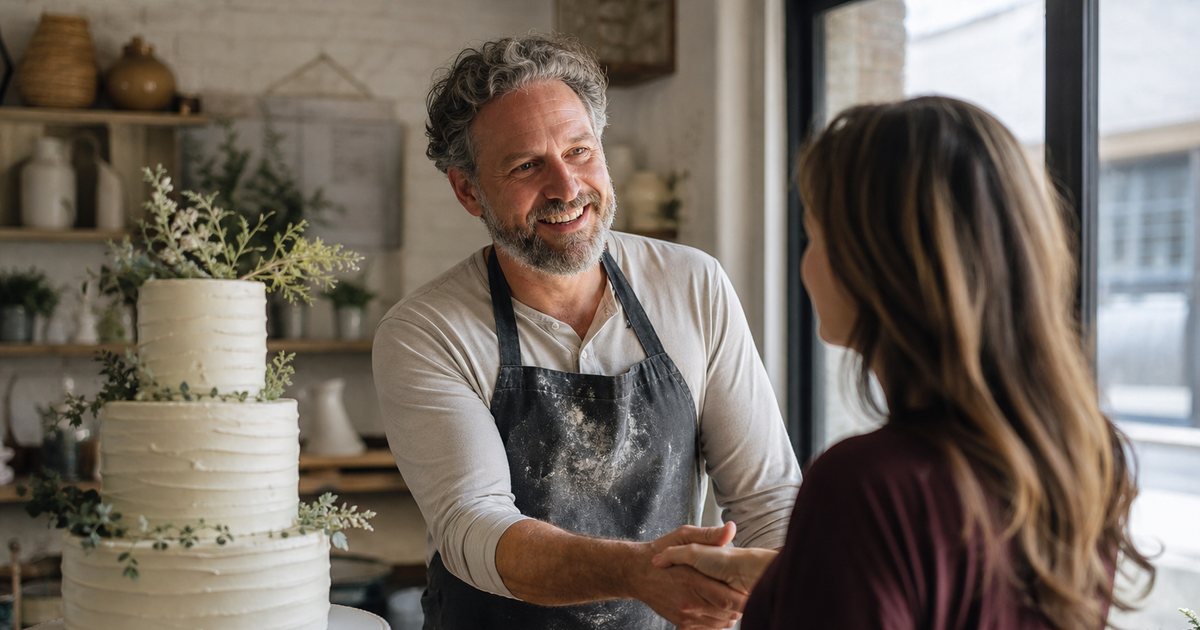 A baker in a flour-dusted apron at a wooden bakery counter shaking hands with a customer, a tiered white cake on a stand beside them, morning light through the shop window