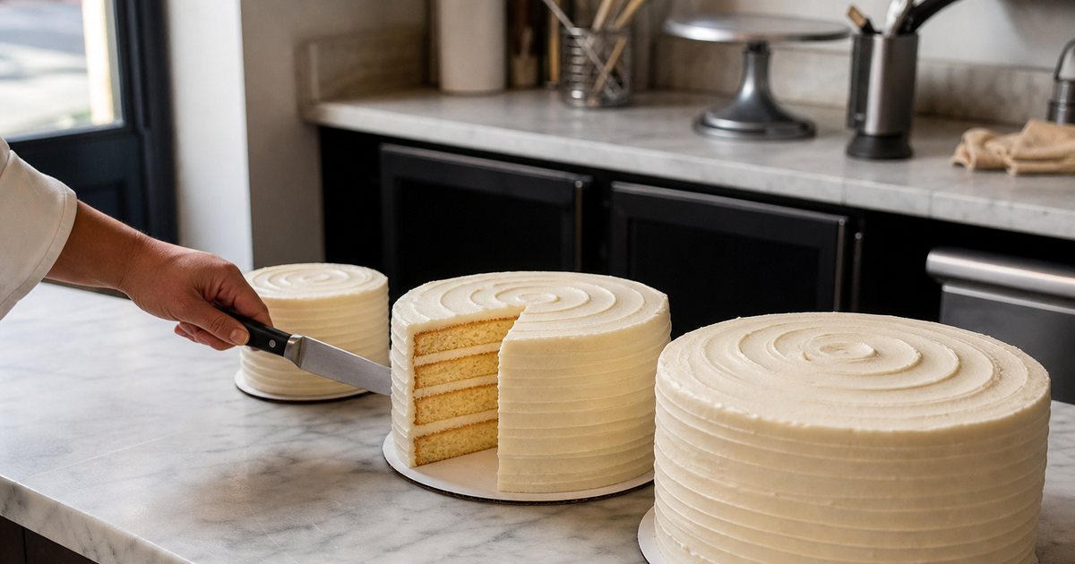 Three round frosted cakes of increasing size lined up on a marble bakery counter, one sliced to show the layers, a baker's hand holding a cake knife, soft window light