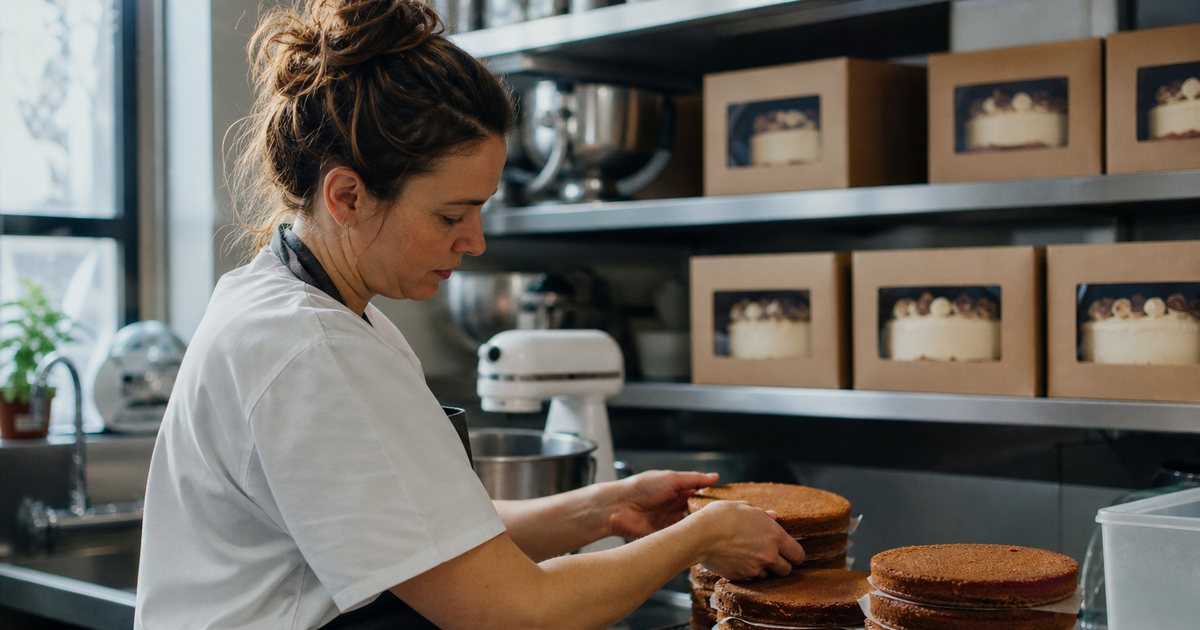 A baker in a small commercial kitchen placing stacked cake layers on a cooling rack, boxed finished cakes lined up on a shelf behind, early morning light, stainless steel counters