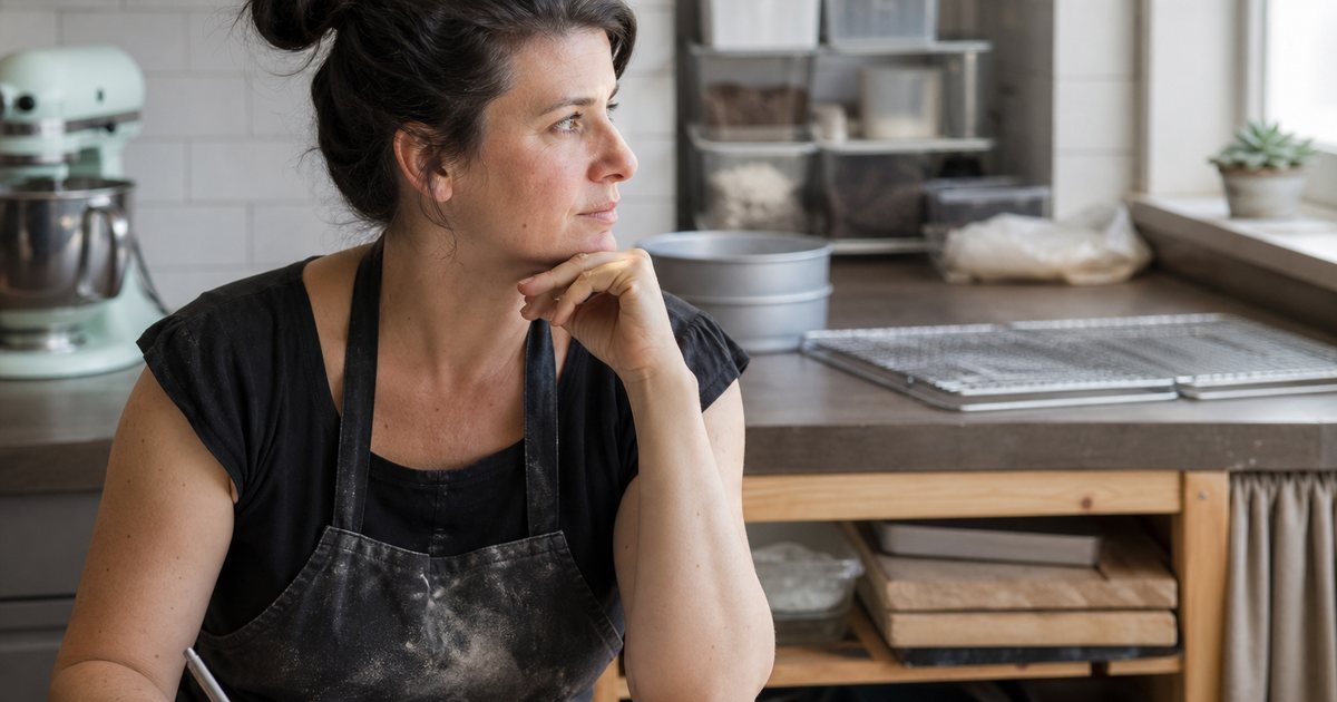 A baker in a flour-dusted apron sitting at a small kitchen table with a spiral notebook and a mug of coffee, cooling racks and empty cake pans on the counter behind her, soft morning light from a window