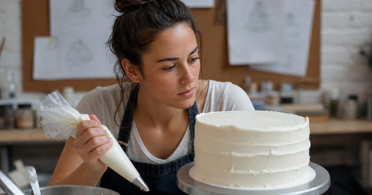 A cake decorator in a small studio kitchen pausing mid-work with a piping bag, looking at a half-decorated white cake on a turntable, pencil sketches pinned to a corkboard out of focus behind
