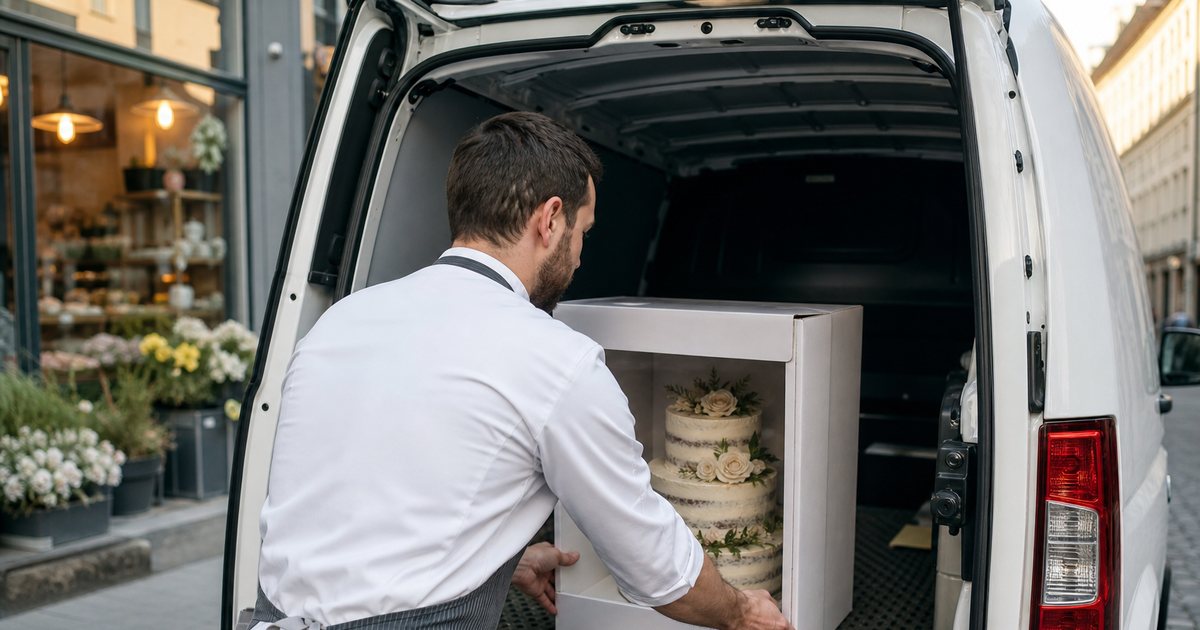 A baker carefully loading a boxed three-tier cake into the back of a small van parked outside a bakery, a non-slip mat on the van floor, bright daytime street