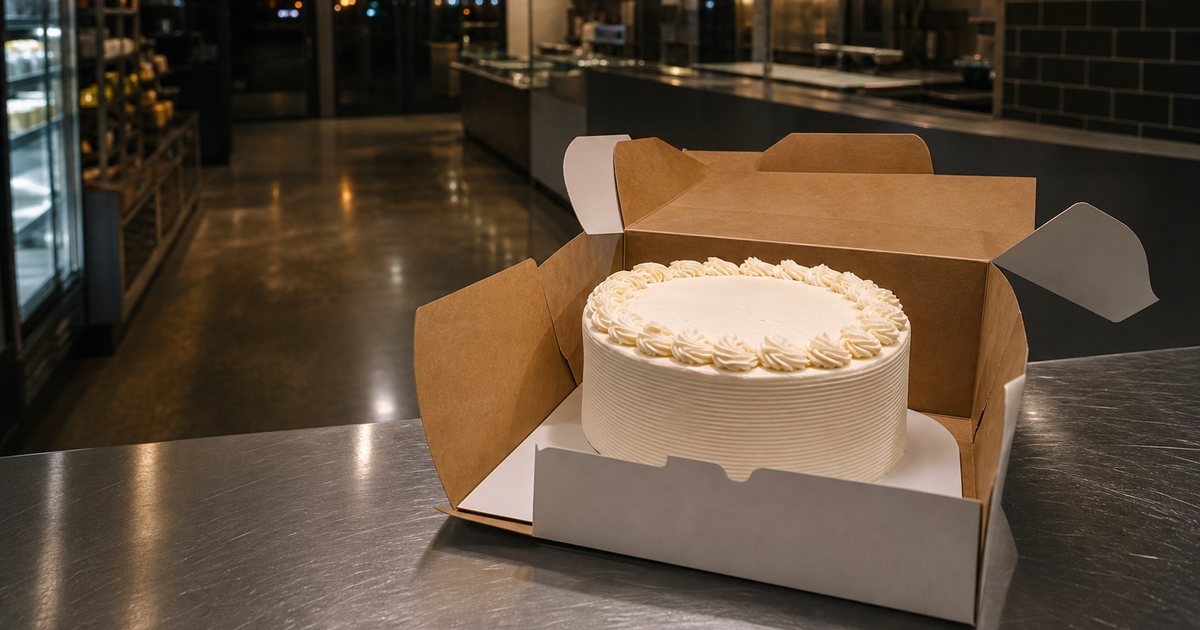 A finished white buttercream cake in an open cardboard box on a stainless steel bakery counter at closing time, empty shop behind it, warm overhead light